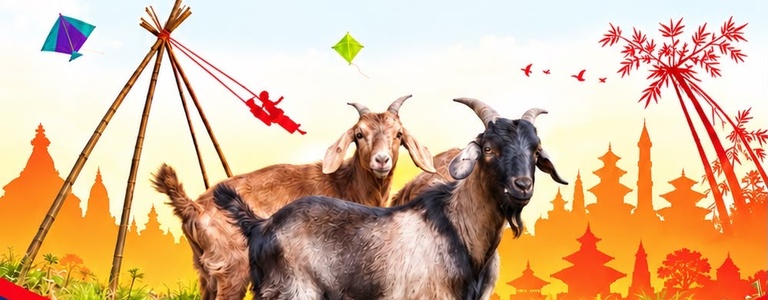 Kathmandu Butchery’s Dashain flyer artwork with goats, kites and a traditional swing
